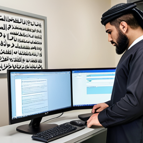 Home 7 **Image:** A modern office scene. A worried employee is clicking on a suspicious email on their computer. In the background, a supervisor is leading a cybersecurity training session for other employees. Subtle Arabic calligraphy art on the walls. The scene emphasizes the importance of security awareness.