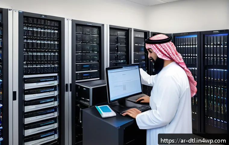 데이터 복구 서비스 선택 가이드 - A professional data recovery laboratory scene tailored for Arabic-speaking clients, showcasing advan...