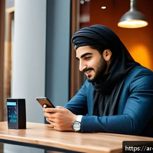 Home 27 모바일 디바이스에서의 데이터 보호 전략 - A modern Middle Eastern young adult man sitting at a café table with a sleek smartphone in hand, act...