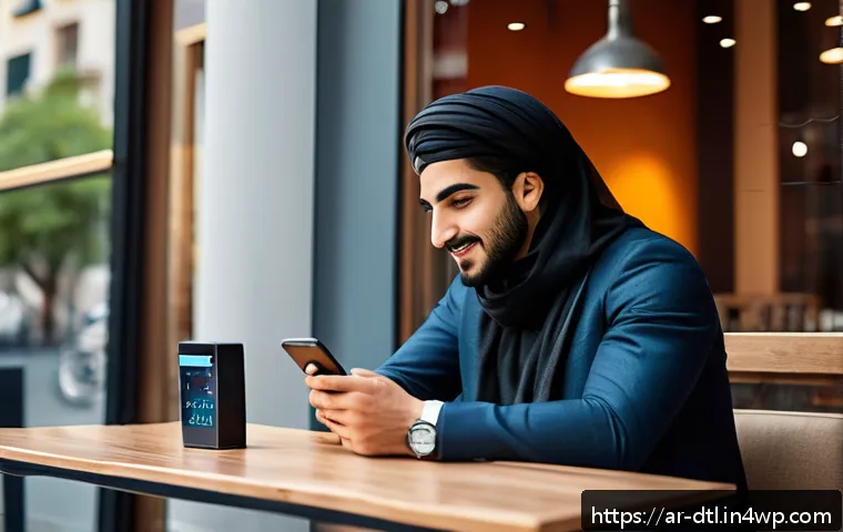 모바일 디바이스에서의 데이터 보호 전략 - A modern Middle Eastern young adult man sitting at a café table with a sleek smartphone in hand, act...