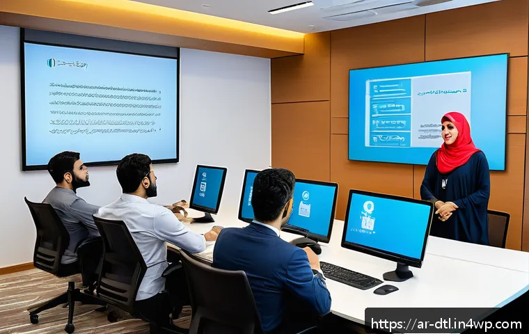 데이터 손실 방지 계획의 실행 사례 - A modern corporate training room in a Middle Eastern office setting, featuring diverse Arabic-speaki...