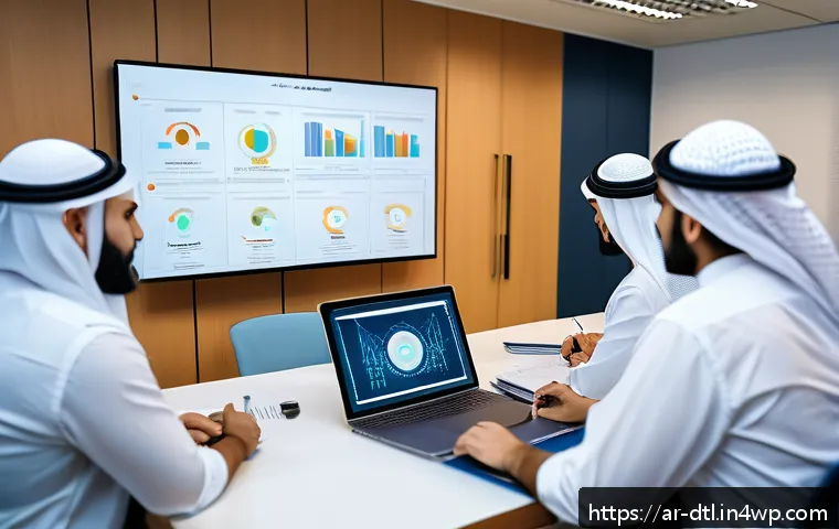 데이터 손실 방지를 위한 리더십 역할 - A modern corporate training room in a Middle Eastern office, where a diverse team of Arabic-speaking...